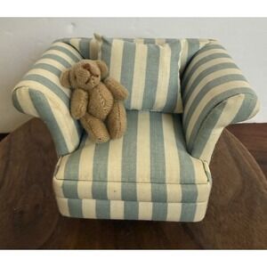 Vintage 1:12 Dollhouse Miniature Upholstered Chair w/ Teddy Blue White Striped